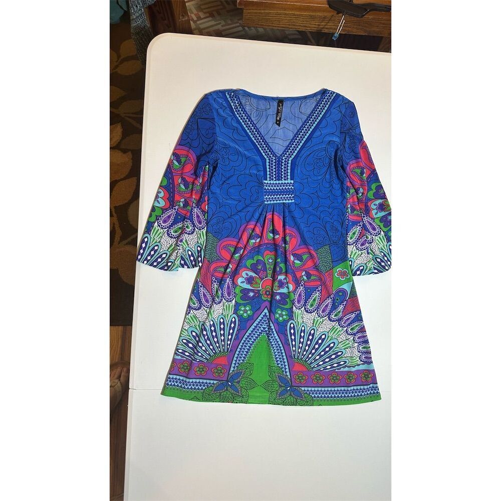 White Mark Blue Multicolor V-Neck Printed Dress